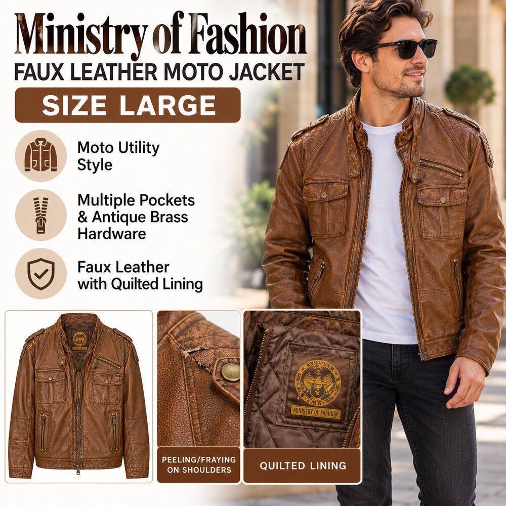 Ministry of Fashion Faux Leather Jacket Mens L Brown Moto Utility Quilted